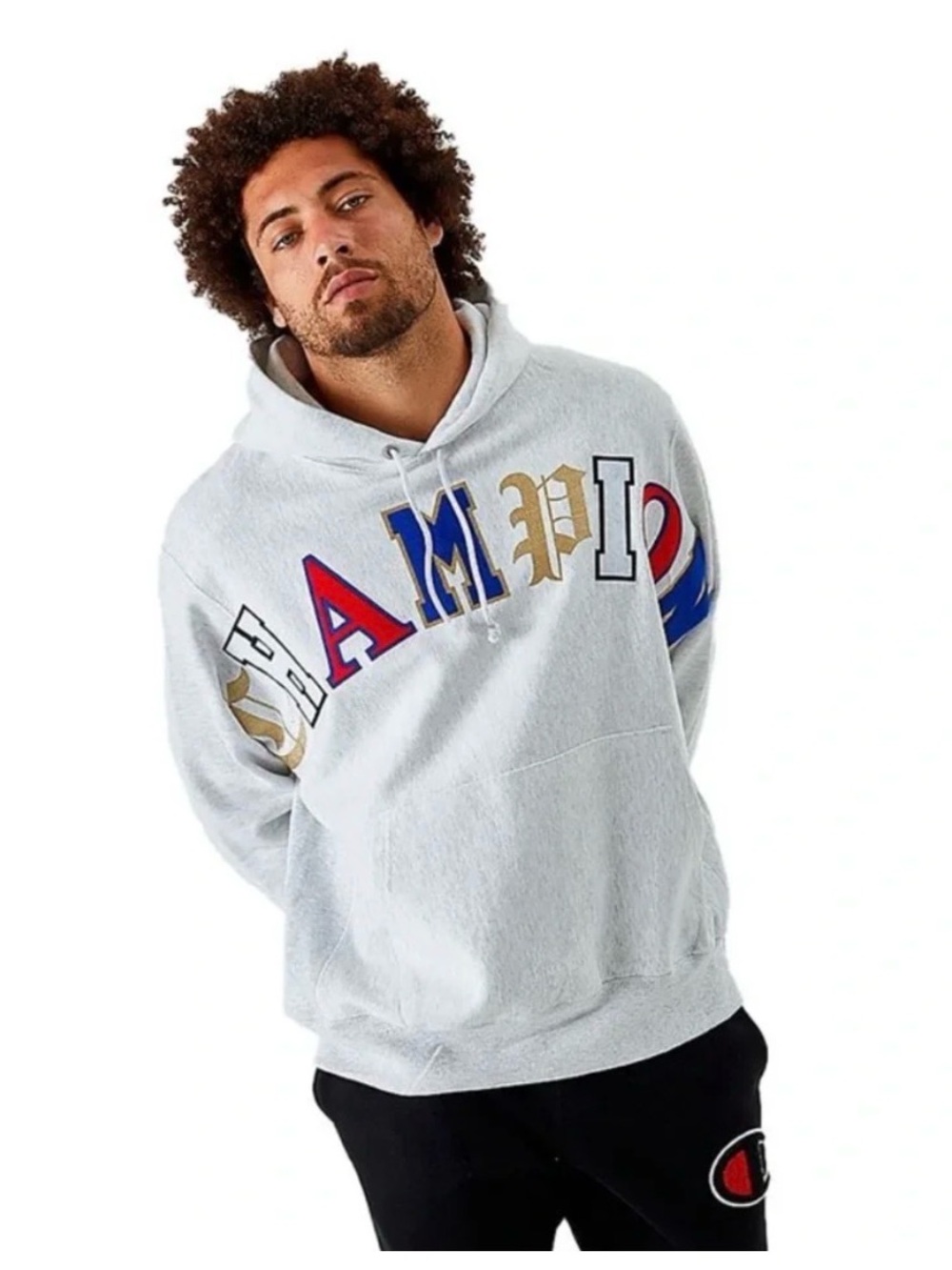 Champion RW Fleece Old English Spellout Pull Over Hoodie Sweatshirt Medium